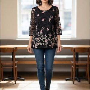 Charter Club Black Floral Lace Blouse